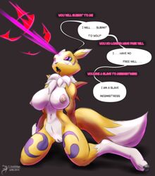 2018 anthro arashidrgn big_breasts brain_drain breasts canine dated digimon drooling english_text female fur hypnosis kneeling mammal mind_control nipples nude open_mouth psychic pussy renamon saliva signature solo text tuft video_games white_fur yellow_fur