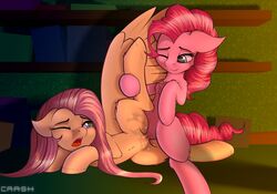 2018 absurd_res crashgall duo earth_pony equine female feral fluttershy_(mlp) friendship_is_magic hair hi_res horse inside long_hair mammal my_little_pony one_eye_closed open_mouth pegasus pinkie_pie_(mlp) pony pussy pussy_juice sex smile tribadism wings yuri