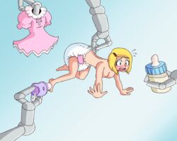 abdl baby_clothes bestsammy breasts diaper diaper_change dress milk milk_bottle nursery_machine pacifier robbieftt robot sammy_(bestsammy) sammy_(character)