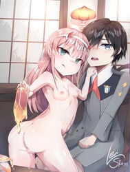 1boy 1boy1girl 1girls aged_down aqua_eyes blue_eyes darling_in_the_franxx erect_nipples hiro_(darling_in_the_franxx) horns levi_storm nipples pussy signed uniform zero_two_(darling_in_the_franxx)