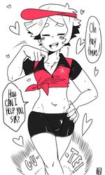 <3 1boy androgynous artist_request bellybutton bike_shorts blush blushing closed_eyes collar_pull dialogue english_text eyebrows femboy fruit girly hand_on_hip heart navel pineapple pineapple_(gats) pizza_boy pizza_thot pulling_collar shiny_clothes shorts smile smiling solo solo_focus solo_male spats speech_bubble sweat text text_box text_bubble tied_shirt tummy visor visor_cap