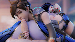 2girls 3d absurdres alternate_costume arhoangel ass big_ass big_penis blender blizzard_entertainment brown_hair fellatio female hand_on_ass highres lunar_new_year lunar_new_year_series male oral overwatch penis rose_tracer straight summer_games_series threesome tracer tricolore_widowmaker widowmaker year_of_the_rooster