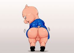 anthro ass backsack balls bottomless clothed clothing looking_at_viewer looking_back looney_tunes male male_only mammal open_mouth pig porcine porky_pig rear_view seyrmo solo tongue warner_brothers