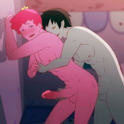 2boys abs adventure_time against_wall anal_sex animated animated_gif black_hair blue_eyes blush closed_eyes crown fangs gay grey_skin handjob happy_sex looking_at_partner looking_back male_only manyakis marshall_lee pink_hair pink_skin precum precum_drip prince_gumball sex shadow short_hair standing standing_sex testicles yaoi