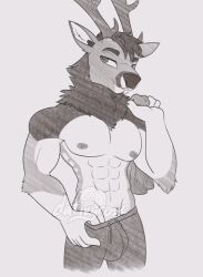 1boy 2022 big_bulge bulge dativyrose deer furry furry_male furry_only male male_focus male_only male_solo no_color no_shirt tagme white_background