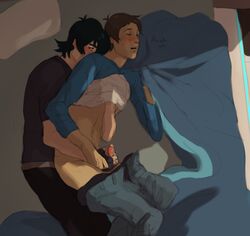 2boys black_eyes blush brown_hair closed_eyes cum cum_on_hand dark-skinned_male dark_skin gay handjob interracial keith keith_kogane lance_mcclain light-skinned_male light_skin male male_only masturbation nipple_play nipple_tweak on_bed reach_around shirt_lift voltron voltron:_legendary_defender yaoi