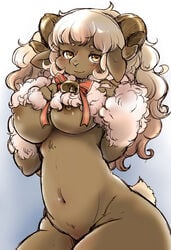 1girls bell blonde_hair bow breasts brown_eyes furry horns nipples nude setouchi_kurage sheep short_tail solo tail