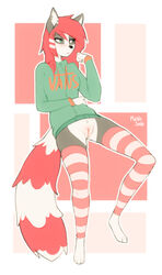 2016 anthro blush bottomless canine casual_exposure clothed clothing female green_eyes hi_res hybrid legwear mammal marblesoda procyonid pussy raccoon rikki solo stockings sweater vans wolf