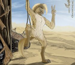 anthro barefoot black_nose blue_eyes brown_fur brown_hair chains day desert ear_piercing eyewear female flat_chested fluffy fluffy_tail fur gesture gnoll hair hook hyena long_hair mammal nude outside paws piercing pussy sand sky smile solo sunglasses v vehicle wasteland zafara_(artist)