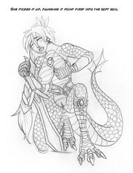 3_toes arania blonde_hair bracelet braided_hair breasts claws closed_eyes ear_piercing english_text erect_nipples female hair hair_ornament jewelry long_hair melee_weapon milf nipples open_mouth piercing pussy_juice reptile scalie smile solo sophitia_alexandra soul_calibur sword text toe_claws toes transformation weapon