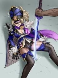 1girls ayaswan blonde_hair breasts cameltoe clenched_teeth dark-skinned_male duo fatui fatui_oprichniki fatui_oprichniki_thunderblitz_gvardia female fully_clothed genshin_impact hat imminent_death katana male mask on_ground pantyhose sword thigh_high_boots visor