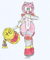 amy_rose armor_plates bandana_only big_breasts big_hips chakra fanny_pack green_eyes hammer kunoichi looking_at_viewer marlon64 mobian_hedgehog naked_armor naked_female naked_gloves naked_with_shoes_on ninja ninja_girl ninja_mask pink_body pink_fur pink_hair sega serious_look sonic_(series) sonic_the_hedgehog_(series) traditional_drawing_(artwork) walking_towards_viewer war_hammer weapon white_background