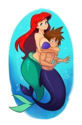 1boy 1girls ariel_(the_little_mermaid) bare_chest big_breasts brown_hair couple_(romantic) couple_art couple_love crossover crossover_pairing crossover_shipping disney disney_princess female fish_tail flustered_male head_between_breasts hugging_another hugging_from_behind hugging_partner kingdom_hearts large_breasts long_hair male mermaid mermaid_girl mermaid_tail pairing red_hair seashell_bra smgold smiling_at_viewer sora_(kingdom_hearts) spiky_hair square_enix the_little_mermaid_(1989_film) underwater