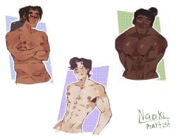 naoki_rartist disventure_camp male_only 3boys alec_(disventure_camp) hunter_(disventure_camp) will_(disventure_camp) muscular_male dark-skinned_male tan_skinned_male tied_up_hair armpit_hair tagme