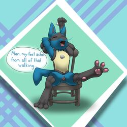 1girls 2018 3_fingers 3_toes anatomically_correct anatomically_correct_pussy animal_genitalia animal_pussy anthro big_ears black_fur blue_background blue_fur canine canine_pussy chair closed_eyes darkwufflez dialogue digital_media_(artwork) english_text fang feet female female_only flat_chest foot_focus furry hands_behind_head hi_res lucario mammal nintendo no_nipples nude open_mouth pawpads paws pokemon pokemon_(species) pokemon_dppt presenting pussy sitting solo speech_bubble spikes spread_legs spreading stretching teeth text thin_waist toes tongue tongue_out tumblr video_games yawn yellow_fur