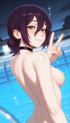 ai-generated ai_generated back black_choker blush breasts brokewyt chainsaw_man choker closed_mouth completely_nude female green_eyes hair_between_eyes hair_bun looking_at_viewer looking_back medium_breasts night night_sky nipples nude outdoors pool purple_hair reze_(chainsaw_man) short_hair single_hair_bun sky smile solo uncensored upper_body v water wet