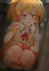 :d bangs blonde_hair blush collarbone collared_shirt commentary_request condom condom_wrapper eyebrows_visible_through_hair fangs female flower flower_bracelet gomennasai green_eyes hair_between_eyes heart heart-shaped_pupils heavy_breathing highres holding holding_condom idolmaster idolmaster_cinderella_girls jougasaki_rika long_hair looking_at_viewer loose_socks neck_ribbon open_mouth orange_skirt panties plaid plaid_skirt pleated_skirt red_ribbon remote_control_vibrator ribbon shirt skirt smile socks solo squatting sweat sweater_vest symbol-shaped_pupils two_side_up underwear v very_long_hair vibrator vibrator_under_clothes vibrator_under_panties white_legwear white_panties white_shirt white_socks yellow_flower