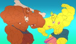 2boys abs ass biceps bone_necklace brown_body daddy flexing hyper_muscles male_only minimal_clothing muscular nipples pecs penis pink_penis remert smiling tagme tagme_(character) troll trolls_of_troy yellow_body