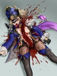 1girls ayaswan bisected blonde_hair blood blood_from_mouth blood_pool blood_puddle blood_spray blood_spurt breasts breasts_out censored corpse dead death fatui fatui_oprichniki fatui_oprichniki_thunderblitz_gvardia female_death fully_clothed genshin_impact gore guro guts hat intestines mask murder on_ground open_mouth pantyhose ripped_clothing snuff solo thigh_high_boots tongue tongue_out torn_clothes visor vivisection