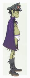 boots bulge_through_underwear cape gorillaz green_skin hairy_stomach inverted_cross jamie_hewlett middle_aged_male murdoc_niccals murdoc_niccals_(demon_days) not_porn official_art potbelly solo_male underwear