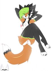 anthro breasts canine female female_only fox hands_behind_head looking_at_viewer mammal miiyori nipples nude pussy simple_background smile solo thick_thighs white_background