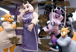 3d absurd_res alphys anthro armwear balls barcode barcode_tattoo big_breasts big_penis black_latex bodily_fluids bondage boss_monster_(undertale) bound bovid brainwashing breast_milking breasts brown_eyes buckteeth caprine clenched_teeth clothing coat collar dialogue digital_media_(artwork) duo ears_down elbow_gloves english_text eyewear female fur genitals glasses gloves glowing_glasses goat gynomorph handwear hi_res horn huge_filesize hypnosis hypnotic_visor intersex intersex/female lab_coat laboratory lactating latex latex_clothing latex_gloves latex_handwear latex_legwear latex_stockings latex_thigh_highs legwear machine mammal milking_machine mind_control nipples overweight penile penis penis_milking pivoted_ears purple_latex reptile restraints robe scalie science scientific_experiment semen_collecting_machine slicktex3d smile stockings tail tattoo teeth text thigh_highs topwear toriel twilightv0ids_(modeler) undertale undertale_(series) unsure vr_headset white_body white_fur yellow_body yellow_skin