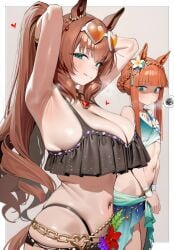 2girls :q ai_assisted animal_ears armpits arms_up bangs big_breasts bikini blush breast_envy breasts choker eyewear_on_head female female_only flower green_eyes heart horse_ears horse_girl horse_tail jewelry long_hair looking_at_viewer maruzensky_(hot_summer_night)_(umamusume) maruzensky_(umamusume) multiple_views navel necklace orange_hair silence_suzuka_(emerald_on_the_waves)_(umamusume) silence_suzuka_(umamusume) small_breasts smile sunglasses swimsuit tongue tongue_out umamusume umamusume_pretty_derby