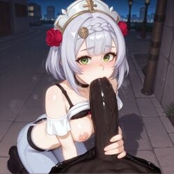 1boy ai-generated ai_generated bangs blush braid breasts brokewyt clothes_lift dark-skinned_male dark_skin erection fellatio female flower genshin_impact green_eyes grey_hair hair_flower hair_ornament headdress hoyoverse interracial kneeling lamppost looking_at_viewer maid_headdress medium_breasts night nipples noelle_(genshin_impact) oral outdoors pants penis red_flower red_rose rose saliva short_hair solo_focus straight sweat uncensored veins veiny_penis