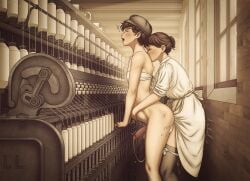 1800s 19th_century 1boy 1futa anal anal_sex apron arms_around_partner bandeau bangs bottomless brown_hair cap clothing cum cum_inside dress dress_lift factory femboy from_behind from_behind_position functionally_nude functionally_nude_male futa_on_femboy futa_on_male futanari garter_band hair_bun historical history light-skinned_futa light-skinned_male light_skin lunele male messy_hair penis self_upload sex sex_from_behind short_hair standing standing_sex stockings stomach_bulge victorian victorian_era waist_apron