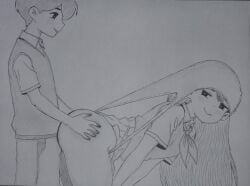 1female1male aged_up ass ass_grab atomic_wedgie bent_over butt_grab humping imminent_incest jesucristobal mari_(omori) omori skirt_lift smug sunny_(omori) teasing wedgie