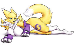 3_fingers 3_toes anthro bedroom_eyes black_sclera blue_eyes breasts canine digimon female female_only fox fur furry half-closed_eyes lying mammal neck_tuft on_side renamon seductive simple_background solo strawberrycucumber toes tuft white_background