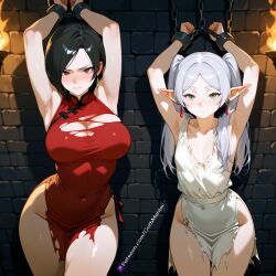 2girls ada_wong ai_assisted ai_generated black_hair blush brown_eyes chained_to_wall curvy_female earrings elf_female embarrassed_female frieren frieren_beyond_journey's_end goth_maniac gothmaniac green_eyes human_female large_breasts medium_hair pointy_ears red_dress resident_evil restrained_arms slim_female small_breasts stone_wall torch_light torn_clothes twintails white_dress white_hair