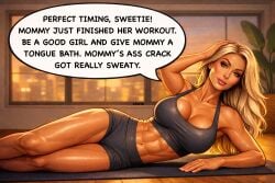 4:3 ai_generated bimbo bimbo_milf cougar cougar_milf cswiz dirty_talk dominant_female english_text femdom fit fit_female gentle_femdom instructions landscape_format looking_at_viewer milf mommy mommy_kink mother mother_and_daughter speech_bubble sweat tagme talking_to_viewer yoga_mat yoga_shorts yuri
