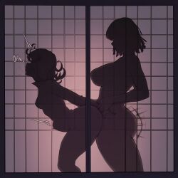 1girls ai_generated arm_grab ass balls_deep behind_door belly_bulge curly_hair deep_penetration from_behind from_behind_position from_side fu1futa fubuki_(one-punch_man) futa_with_female futanari grabbing_from_behind one-punch_man rough_sex self_upload sex sex_from_behind side_view sideboob silhouette silhouette_sex sisters stomach_bulge tatsumaki upscaled