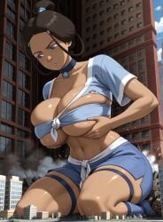 1girls ai_generated avatar_the_last_airbender big_breasts breasts building building_destruction city clothed clothed_female dark-skinned_female dark_skin female female_focus female_only giantess katara large_boobs large_breasts memesrus1234 nickelodeon nicktoons solo solo_female solo_focus thick_thighs thighs water_tribe