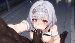 1boy ai-generated ai_generated blush braid breasts brokewyt clothes_lift cum cum_in_mouth cum_on_hair dark-skinned_male dark_skin facial fellatio female genshin_impact green_eyes grey_hair hair_ornament heart heart-shaped_pupils heart_in_eye hoyoverse interracial kneeling medium_breasts night nipples noelle_(genshin_impact) oral outdoors penis shirt shirt_lift short_hair solo_focus straight sweat symbol-shaped_pupils uncensored veins veiny_penis white_shirt