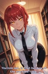 ai_assisted ai_generated big_breasts braid braided_hair braided_ponytail breasts caption chainsaw_man closed_mouth clothed clothed_female comic curvy curvy_body curvy_female female female_focus female_only indoors large_breasts leaning_forward looking_at_viewer makima_(chainsaw_man) moonwool_branch orange_eyes red_hair ringed_eyes seductive seductive_eyes seductive_look seductive_mouth seductive_pose seductive_smile short_hair smile smiling solo solo_female solo_focus suit talking talking_to_another talking_to_viewer thick_ass thick_thighs thighs uncensored