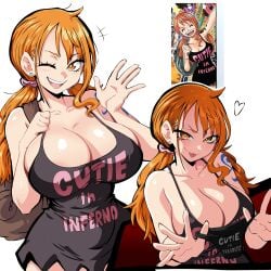 1girls arm_tattoo blue_tattoo breasts clothing fat_breasts female female_focus female_only flat_belly large_breasts lewdamone light-skinned_female light_skin mature midriff nami_(one_piece) one_piece orange-haired_female orange_hair removed_panties solo tattoo thick_thighs thighs wide_hips