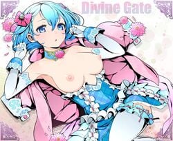 artist_request blue_eyes blue_hair breasts choker divine_gate dress elbow_gloves female female gloves nipples no_bra short_hair solo thighhighs vivian_(divine_gate)