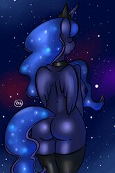 2015 alicorn anthro anthrofied ass blue_feathers blue_hair breasts closed_eyes clothing dynamicfuncorner equine feathered_wings feathers female friendship_is_magic hair hi_res horn legwear long_hair mammal my_little_pony nipples princess_luna_(mlp) pussy rear_view smile solo thigh_highs wings