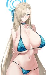 alternate_costume animal_print arms_behind_back asuna_(blue_archive) bare_shoulders bikini blonde_hair blue_archive blue_bikini blue_eyes blue_halo blue_ribbon blush breasts choker cleavage collarbone commentary_request female grin groin hair_over_one_eye hair_ribbon halo highres huge_breasts leopard_print long_hair looking_at_viewer mole mole_on_breast navel o-ring o-ring_bottom ribbon sideboob smile solo stomach suigetu26 swimsuit thighs underboob very_long_hair