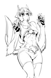 anthro belly_rub black_and_white black_eyes blush breasts cameltoe canine clothing disembodied_hand duo female lying mammal medium_breasts midriff monochrome on_back queblock shorts