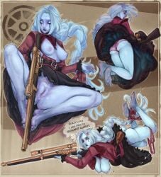 1girls ass big_breasts blue_eyes blue_hair blush deadlock feet floating ghost ghost_girl gun long_hair looking_at_viewer no_panties open_clothes panties panties_around_one_leg pantyshot partially_clothed pink_panties presenting pussy pussy_juice snowyfeline spread_legs text thick_thighs upskirt vindicta_(deadlock) weapon