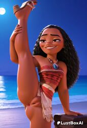 1girls ai_generated anus arm_support artist_name beach black_hair blue_sky breasts brown_eyes dark-skinned_female dark_skin day disney disney_princess female flexible forehead grin hi_res jewelry kneepits leg_lift leg_up lips long_hair lustboxai moana moana_2 moana_waialiki necklace no_panties ocean outdoors pussy sandals skirt sky smile solo split standing standing_on_one_leg standing_split strapless teeth toes tube_top uncensored very_dark_skin