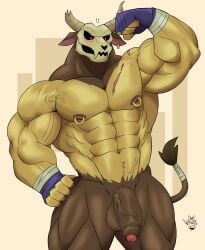anatake anthro balls bara flaccid flexing horns male male_only minotaur minotaur_(the_legend_of_pipi) muscles muscular nude penis skull_head solo solo_male the_legend_of_pipi wolfblack2543