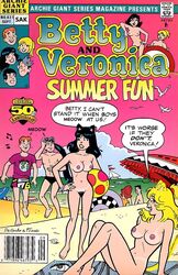 animal_humanoid archie_andrews archie_comics betty_and_veronica betty_cooper breasts casual cat_humanoid clothed clothing comic_cover dialogue english_text feline female hair hi_res human humanoid jughead_jones male mammal musical_note nude pale_skin public speech_bubble teeth text veronica_lodge water