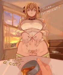 1boy 1girls blind blind_girl blonde_hair blush closed_mouth clothing do_you_want_to_pet_my_cat_(meme) english_text female groin hair_ribbon holding_object indoors katawa_shoujo long_hair male nakai_hisao navel oka_mk pov pubic_hair pubic_stubble pussy satou_lilly shirt skirt skirt_pull table teacup text
