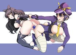 2girls anus ass black_hair blake_belladonna blazblue:_cross_tag_battle blue_eyes blue_hair bow breasts crossover dildo eastern_and_western_character eudetenis female female_only hat large_breasts multiple_girls nipples open_mouth persona persona_4 rwby shirogane_naoto yellow_eyes yuri