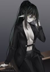 1girls absurdres artist_name black_hair black_jacket black_pants black_sclera black_suit breasts collarbone colored_sclera colored_skin commentary commission cross cross_earrings earrings female glasses green_eyes grey_skin highres indie_virtual_youtuber inverted_cross inverted_cross_earrings jacket jewelry kurotsuki_arts layna_lazar long_hair navel open_clothes open_jacket pants parted_lips solo suit virtual_youtuber vtuber