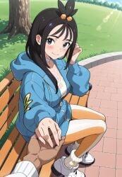 1boy 1girls ai-generated ai_generated bench black_eyes black_hair blush brokewyt choker closed_mouth day duro_(pokemon) female grass holding_hands hood jacket lida_(pokemon) long_hair looking_at_viewer outdoors park pokemon pokemon_legends:_z-a pov shoes sitting smile solo_focus tree uncensored white_footwear